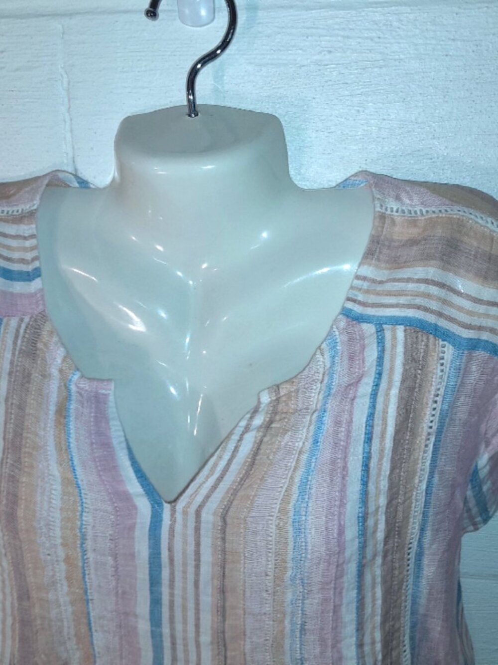 C&C California 100% Linen Pastel Striped Short Sleeve Blouse Top Pleated Women L - Picture 3 of 7